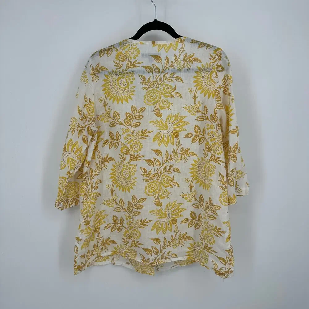 Flax women’s pull over blouse size small yellow flowers long sleeve 100% linen - Picture 3 of 9